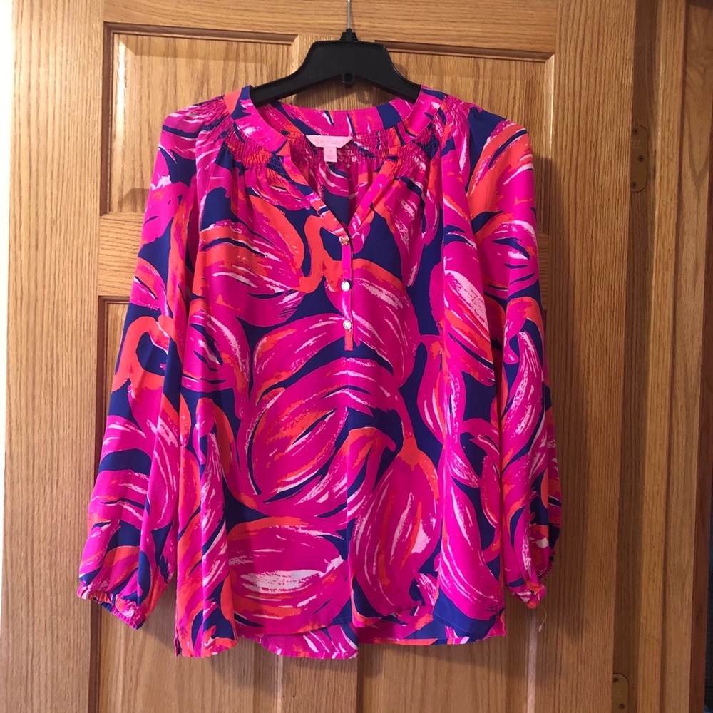 Lilly Pulitzer Silk Elsa Orange Pink Blouse Sz M
